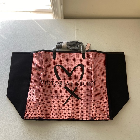 Victoria's Secret Handbags - NEW Victoria’s Secret women’s pink sequin heart decal black canvas tote‎ bag